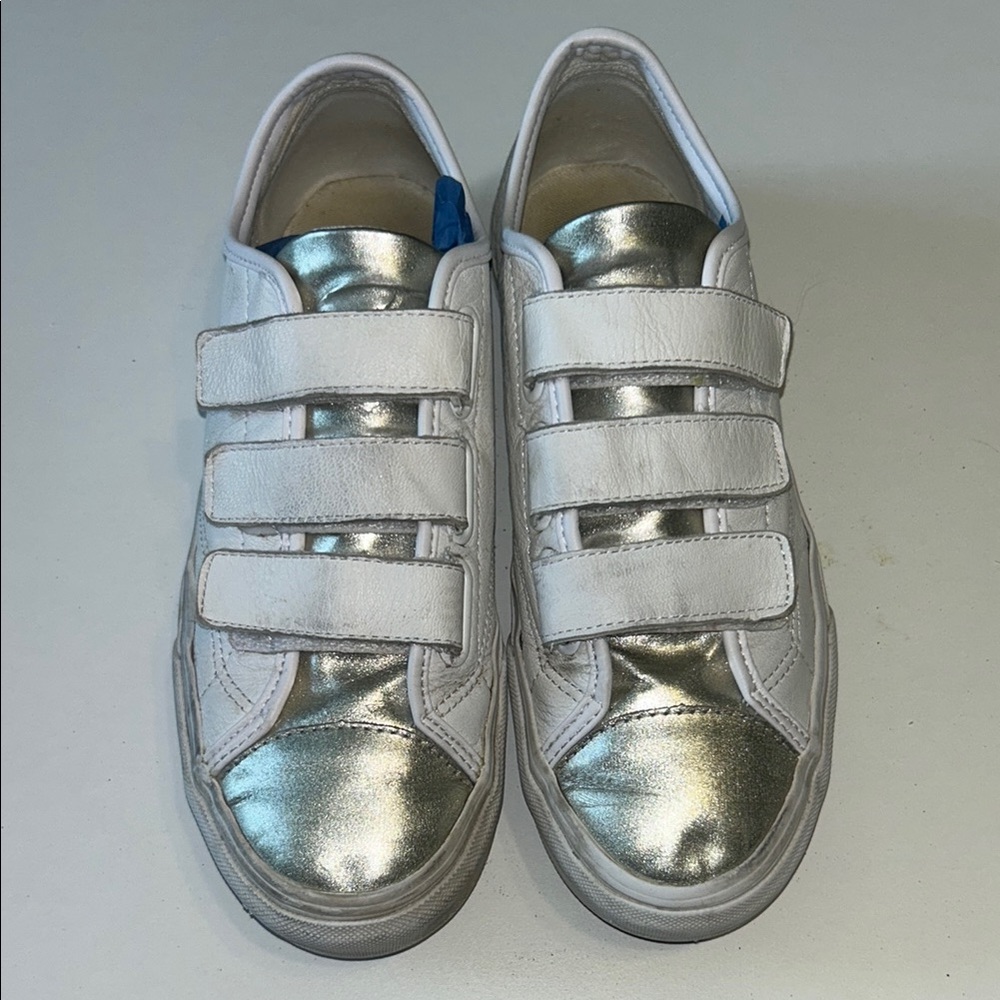 VANS White and Silver Leather Sneakers with Velcro Straps